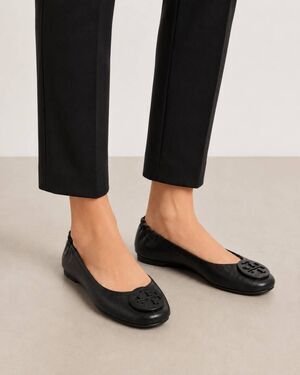 Tory Burch Minnie Travel Ballet Flats Black Leather Logo Women’s Size 9.5 M